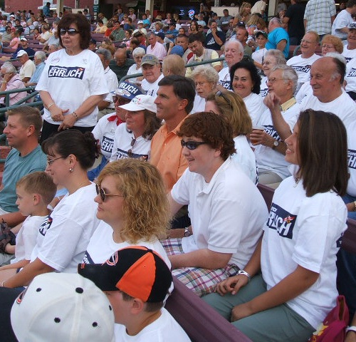 Governor Ehrlich watches with supporters at a Shorebirds game in Salisbury.